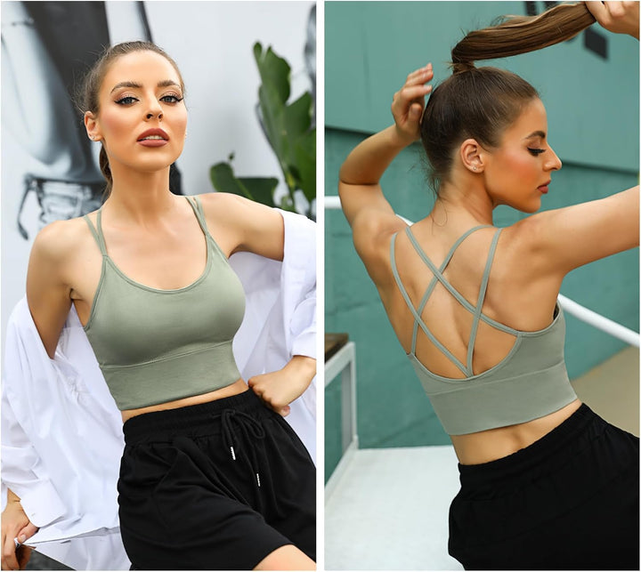 Sykooria Sport BH Damen Gepolstert Bustier Damen BH ohne Buegel Spaghettiträger Cross Back Design Pu