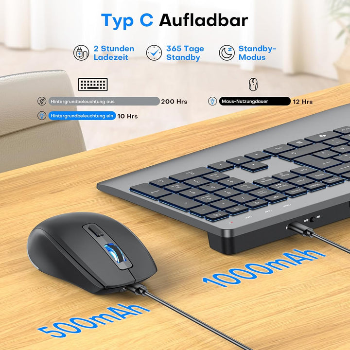 OMOTON Kabellose Tastatur und Maus Set – 2,4GHz Ergonomische Tastatur Beleuchtet mit Handballenaufla