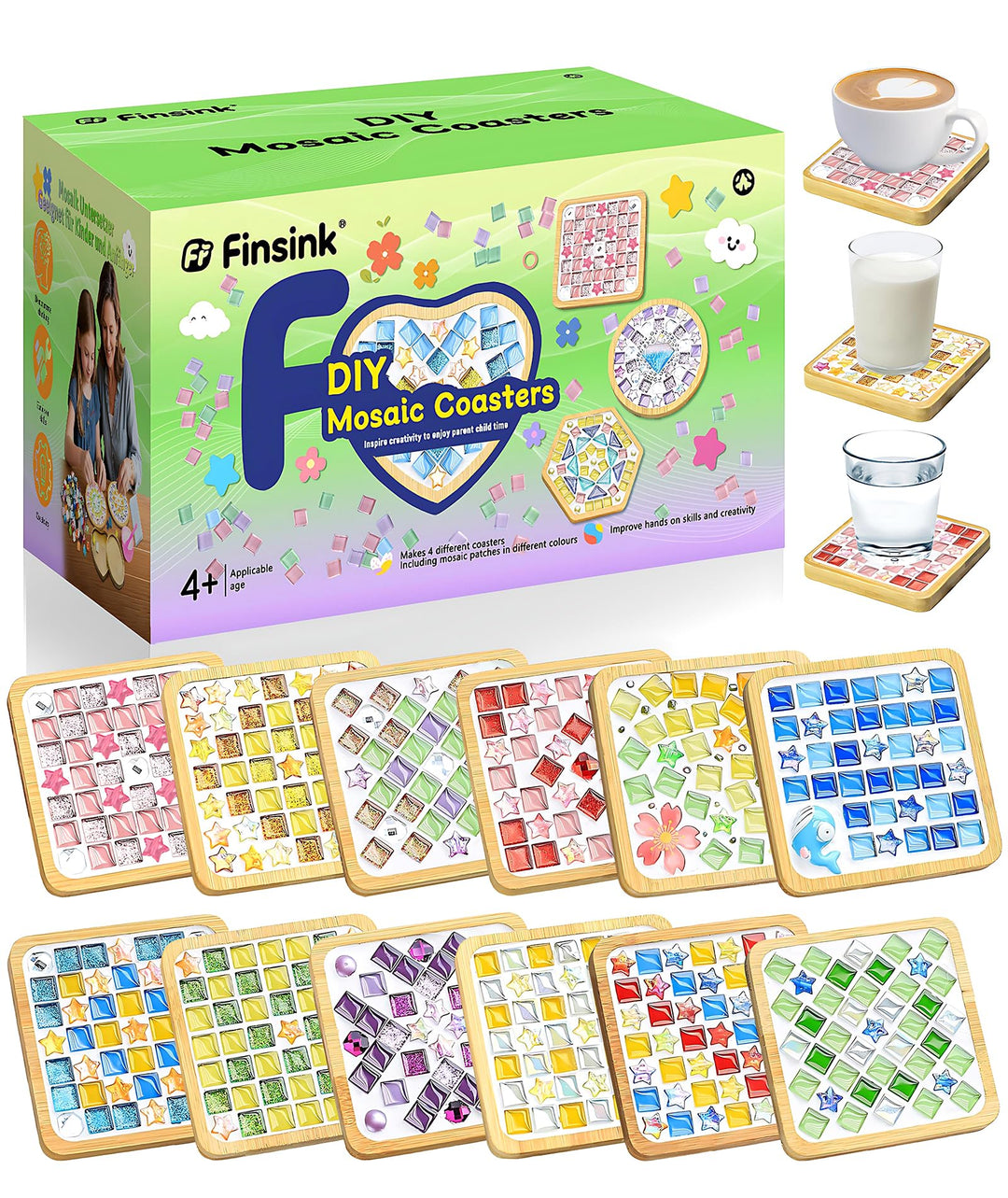 Finsink Mosaik bastelset kinder 12pcs mosaik untersetzer bastelset diy holz untersetzer Set Mosaikst