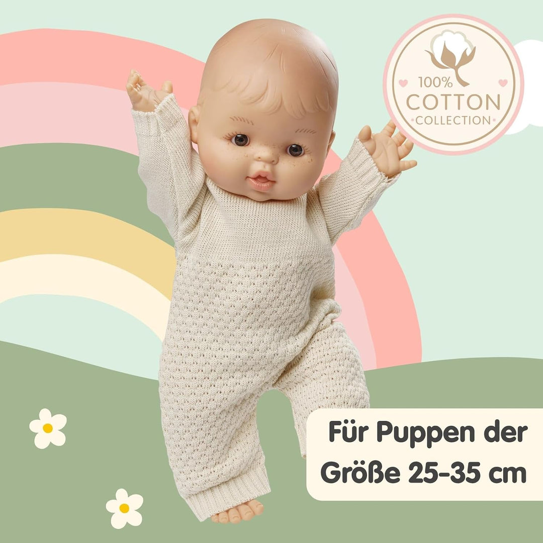 Heless 1480 - Puppenkleidung aus 100 Prozent Bio-Baumwolle, Strickstrampler in Ecru für Puppen und K