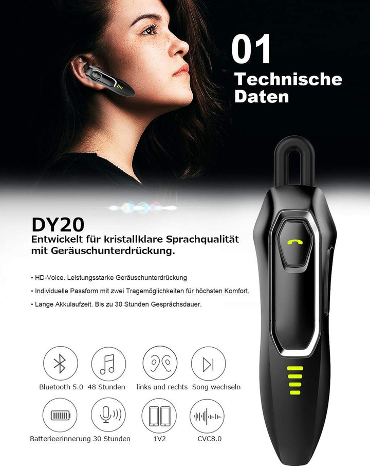 Bluetooth Headset Handy V5.0 mit Mikrofon, Unterdrückung von HD-Sprachgeräuschen, 30 Hrs Talking und