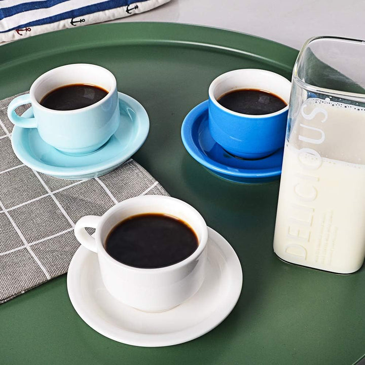 Sweejar Porzellan-Espresso-Tassen und Untertasse, stapelbar, mit Metallständer, 70 ml für Latte, Kaf