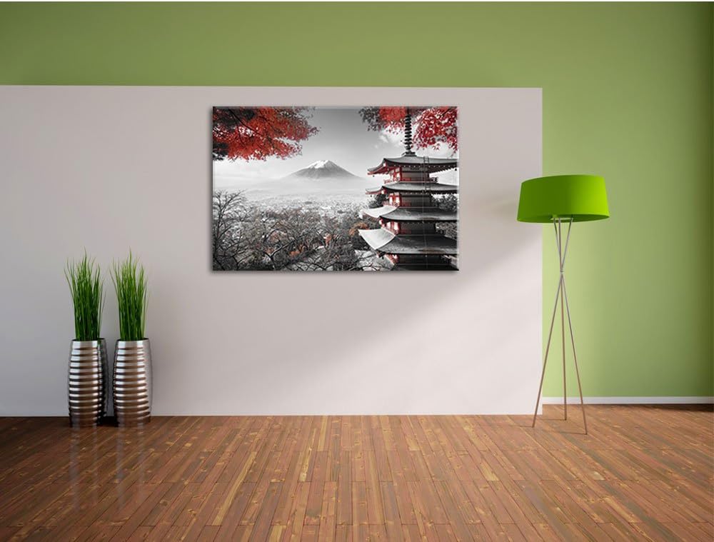 Pixxprint Japanischer Tempel im Herbst Schwarz/Weiss, Format: 100x70 auf Leinwand, 100x70