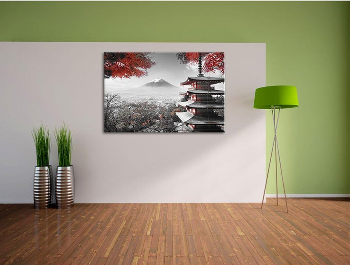 Pixxprint Japanischer Tempel im Herbst Schwarz/Weiss, Format: 100x70 auf Leinwand, 100x70