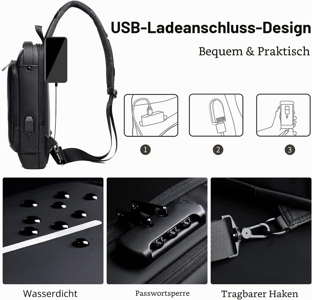 FANDARE Brusttasche Sling Bag Geschäft Schultertasche mit USB-Ladeanschluss Passwortschutz Crossbody