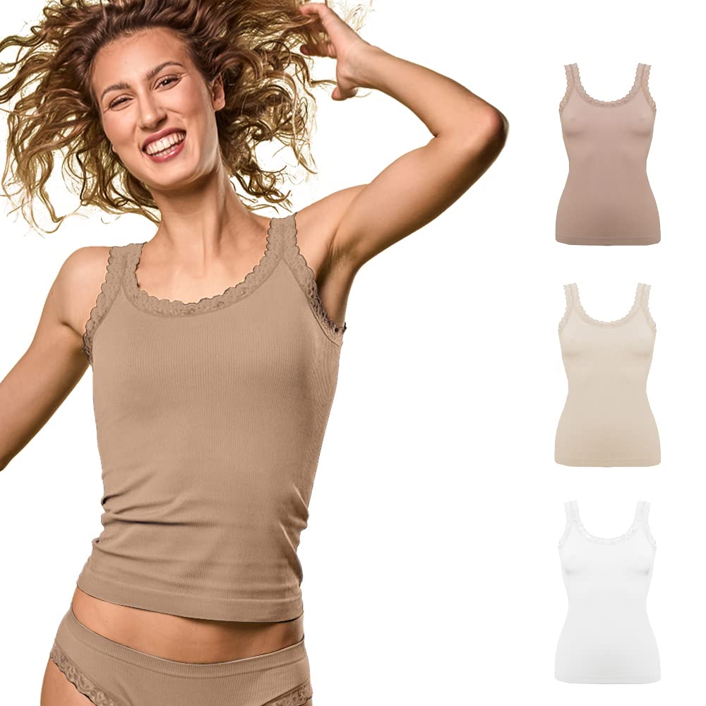 FOCENZA Tanktop mit Spitzenträgern, Nahtlose Technologie, Made in Italy L-XL White – Nude – Powder,