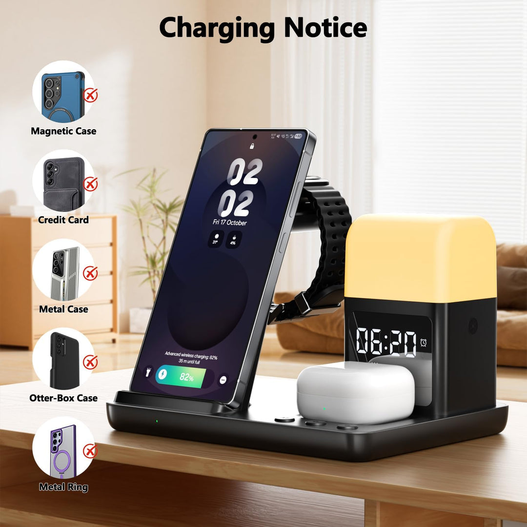 6 in 1 Induktive Ladestation,15W Wireless Charger mit Wecker und Nachtlicht, Kabelloses Ladegerät ko