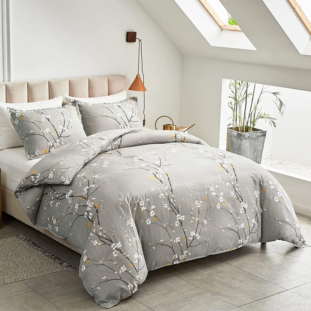 Lanqinglv Bettdecke 200x220cm Ganzjahresdecke 4 Jahreszeiten,Grau Weiss Blätter Blumenmuster Steppde