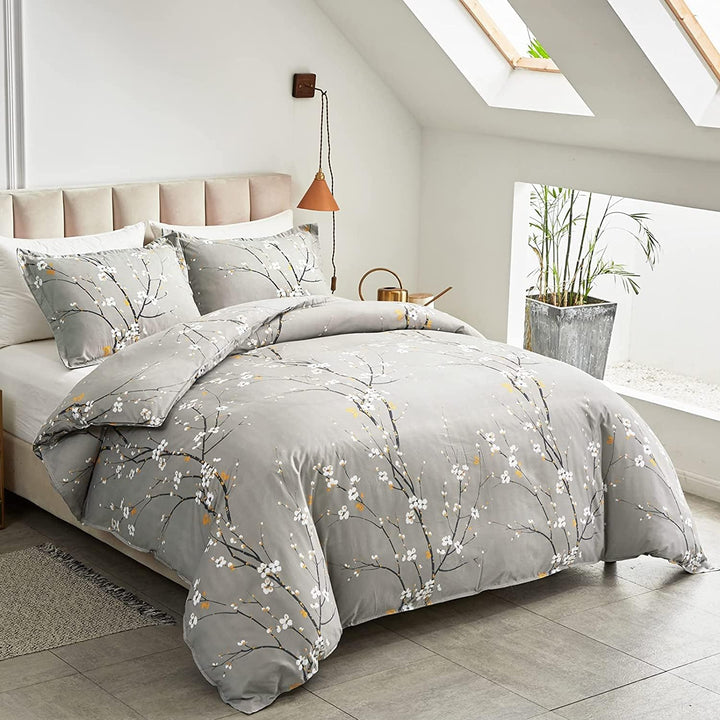 Lanqinglv Bettdecke 200x220cm Ganzjahresdecke 4 Jahreszeiten,Grau Weiss Blätter Blumenmuster Steppde