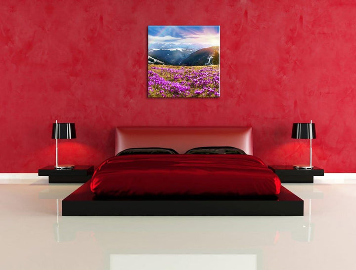 Pixxprint Berge mit Regenbogen als Leinwandbild/Grösse: 70x70 cm/Wandbild/Kunstdruck/fertig bespannt