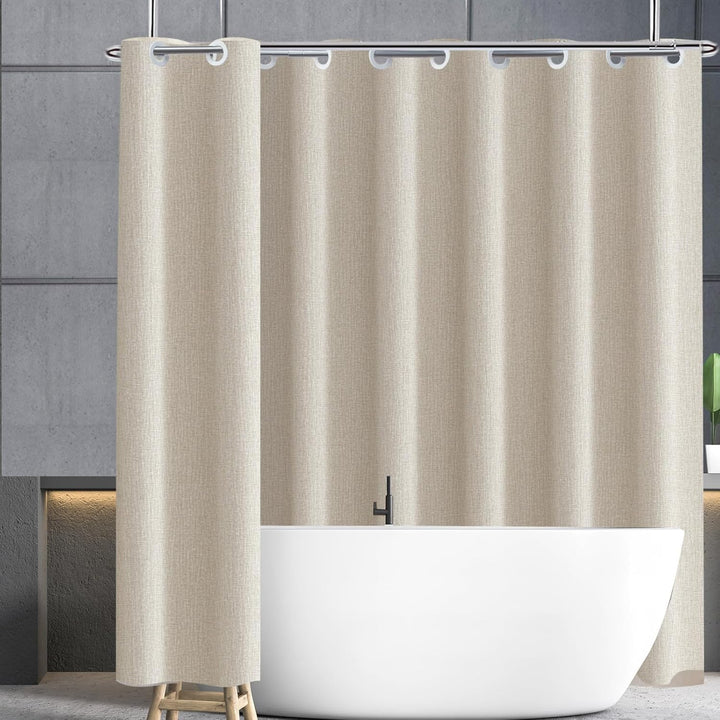 YISURE Hakenloser Duschvorhang 240x200 Leinenoptik schwer, Beige Badevorhang rund Kunstleinen Textil