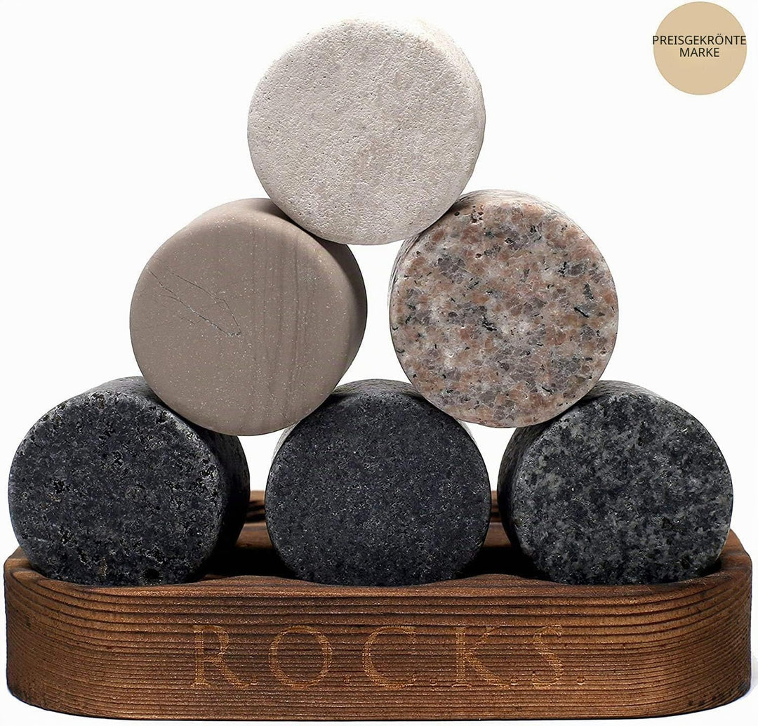 Whisky Glas &amp; Whiskey Steine Set - 6 Handgefertigte Runde Granit Whisky Steine - Nosing Glas für Sco