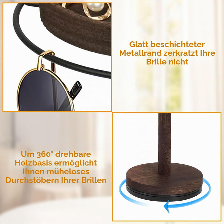 Qivine Brillenständer für Mehrere Brillen, Metallrahmen Brillenhalter Tisch mit Holzsockel, 360° Dre