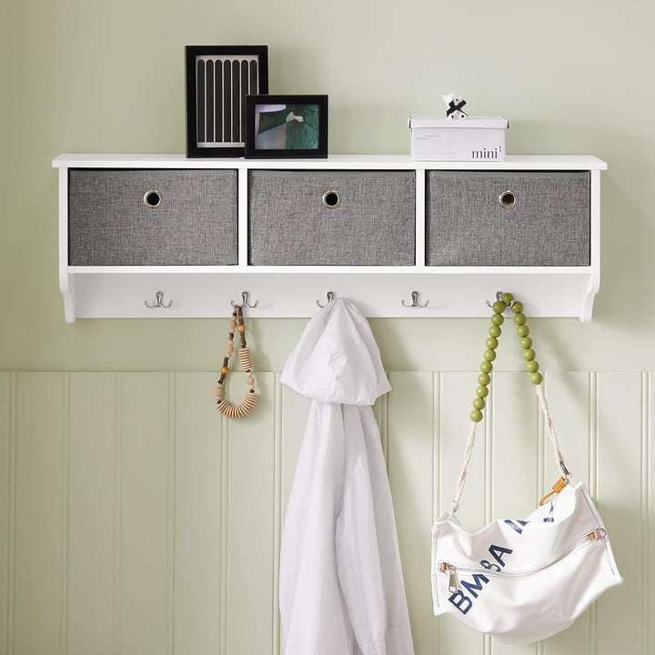 SoBuy FRG282-W Wandgarderobe Flurgarderobe Kleiderhaken Hängeregal mit 3 Körben und 5 Haken Garderob