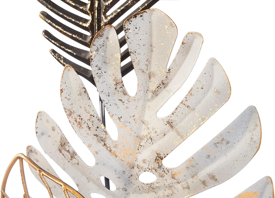 Kobolo Wandbild Monstera, 29x74x3 cm, Metall, schwarz-gold-weiss, modernes Metallbild, stilvolle Wan