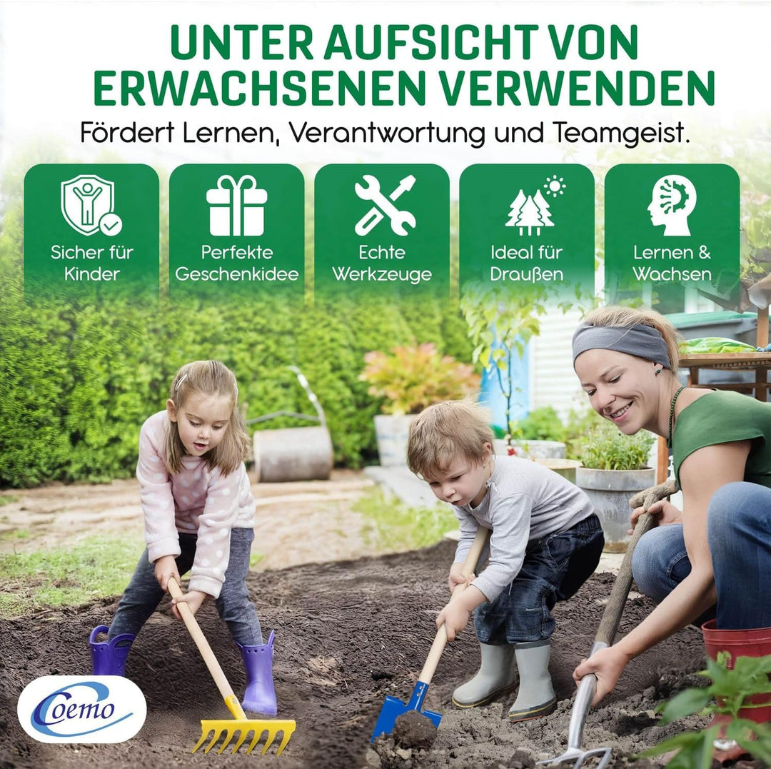 Kinder-Gartenset, Gartengeräte, Set 5-teilig Kinder Schaufel, Besen, Harke, Rechen, Spaten, Laubbese