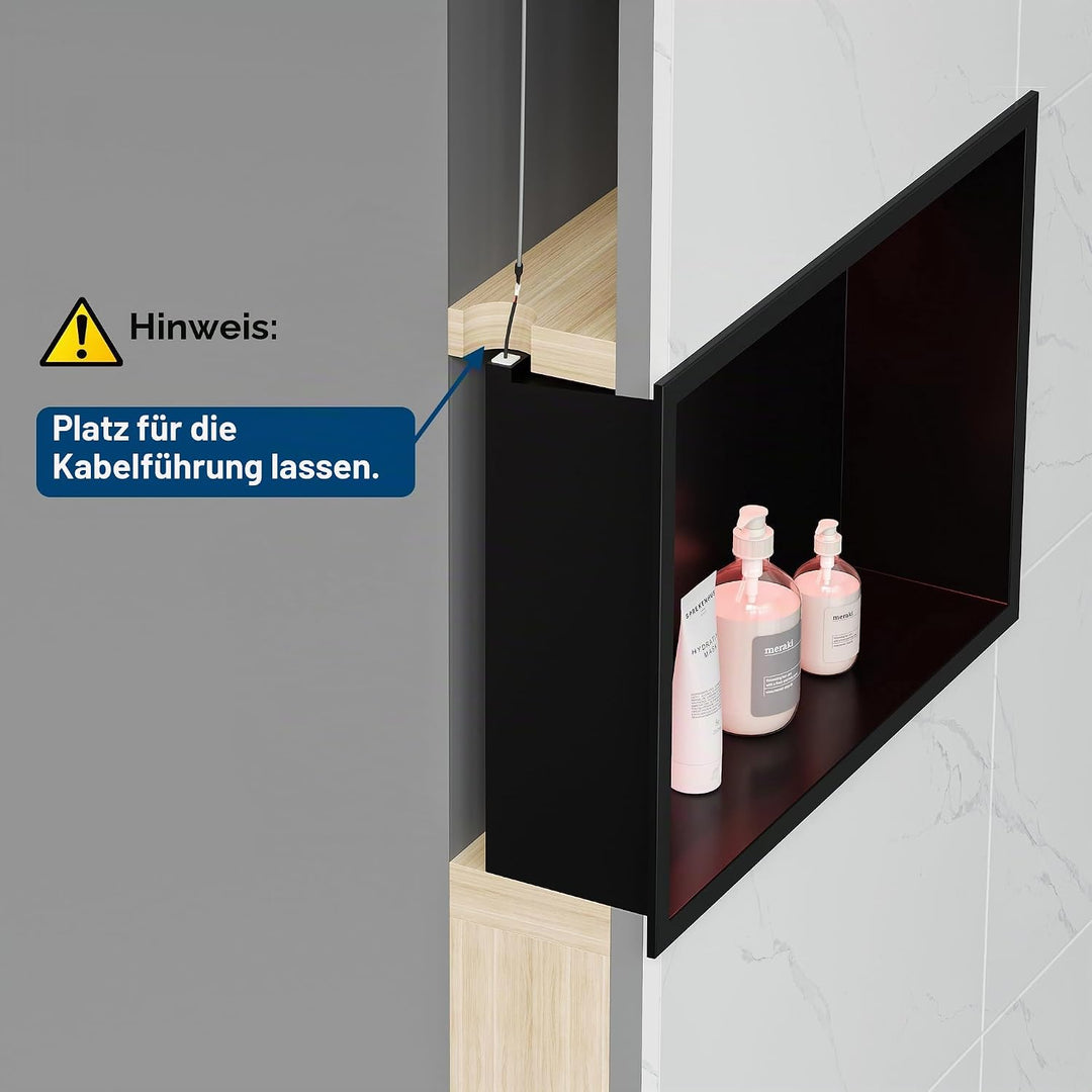 Wandnische Dusche Edelstahl mit RGB LED-Licht, Eingebettete Duschnische Schwarz Einzelregal Lagerung