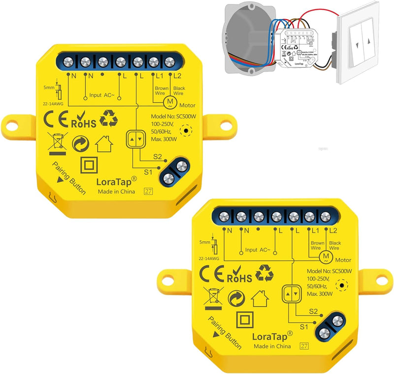 LoraTap 2er WIFI Smart-Einbauschalter V2N2 mit Laufzeiteinstellung für elektrische Rolläden, Jalousi