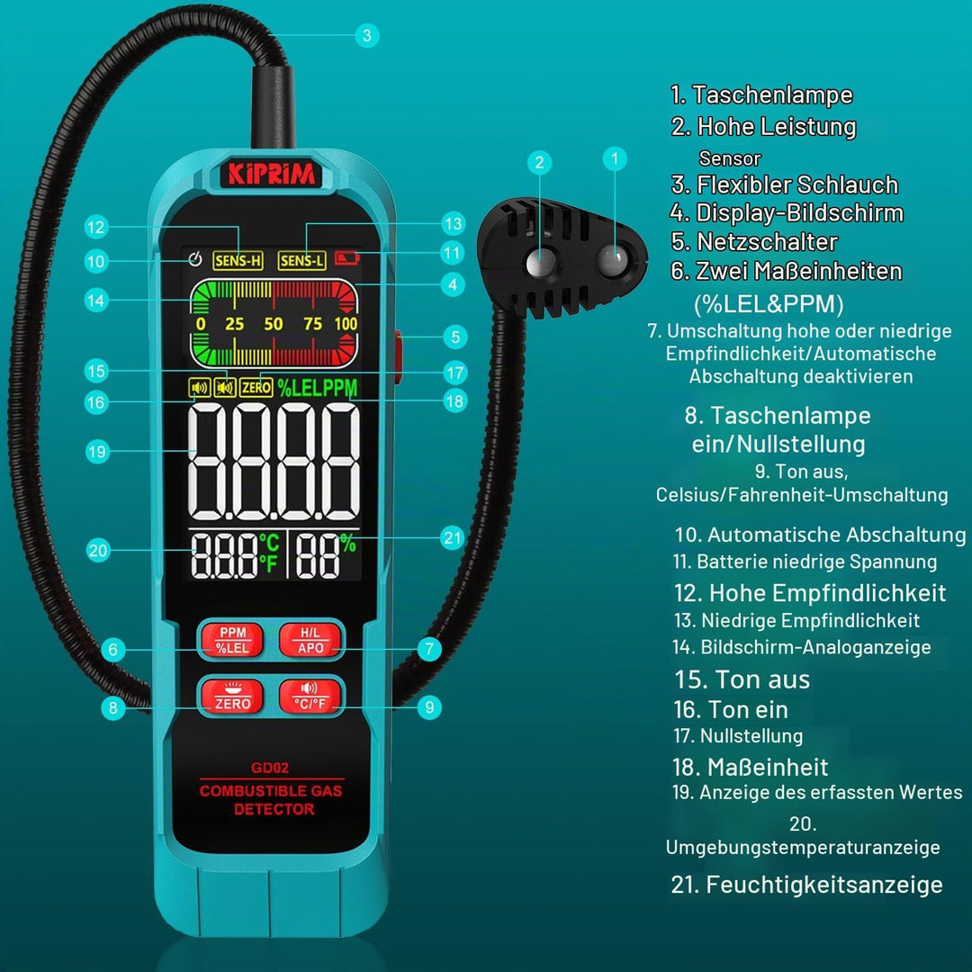 Kiprim Gasmelder Mit Verlängertem 40cm Schwanenhals, PPM Oder%LEL Echtzeit-Gaskonzentrationsanzeige,