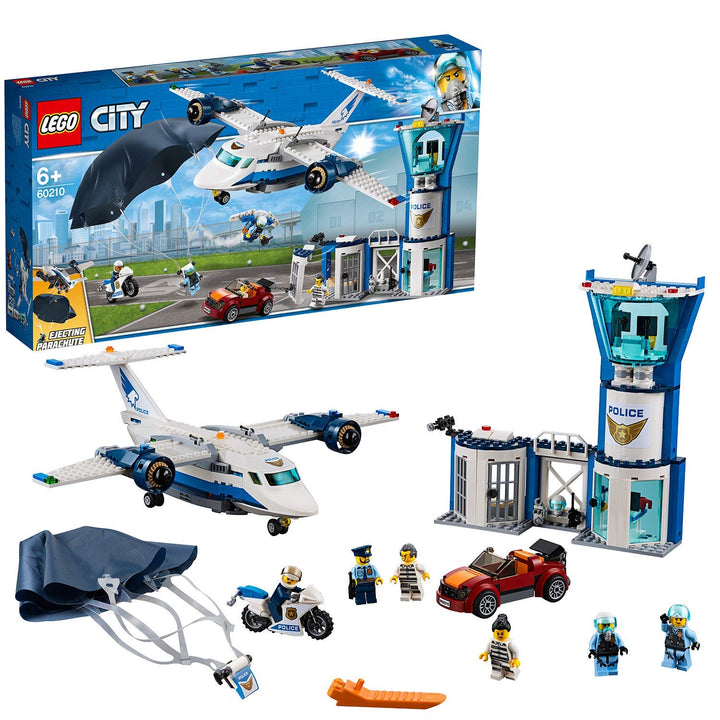 LEGO 60210 City Polizei Fliegerstützpunkt, Flugzeug mit Fallschirmjäger Plus Jetpack, Motorrad und A
