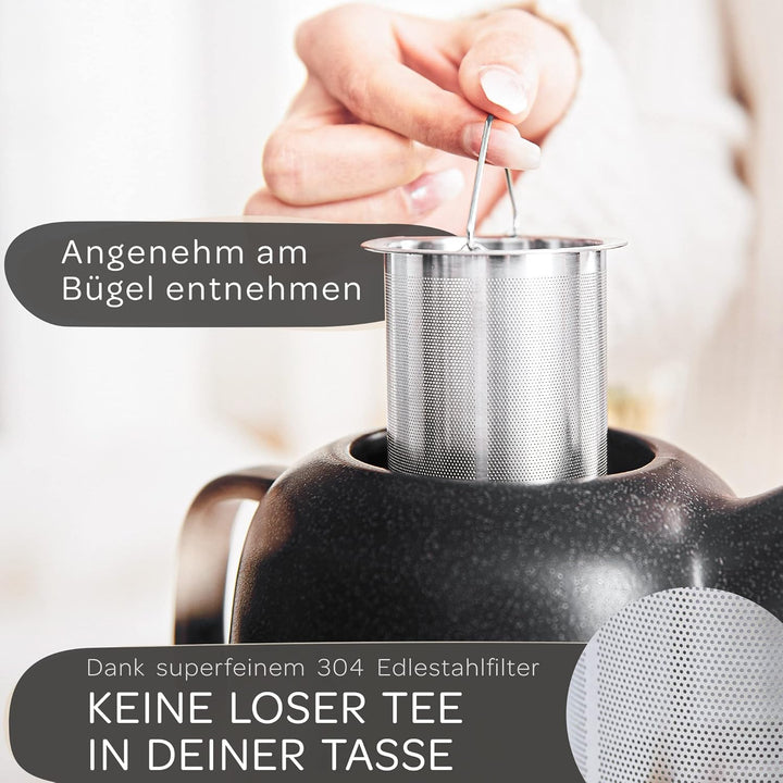 STEINZEIT Design Teekanne (1,3L) mit Siebeinsatz aus rostfreiem 304 Edelstahl - Teekanne Keramik mit