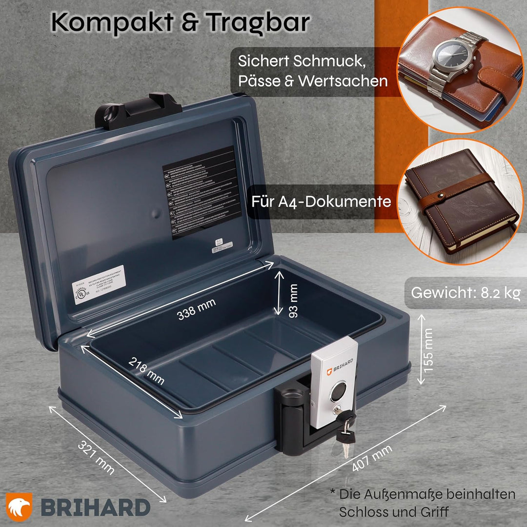 BRIHARD - Zertifizierte Feuerfeste Dokumentenbox 2017 A4, Safe Tresor Feuerfest Wasserdicht mit Schl