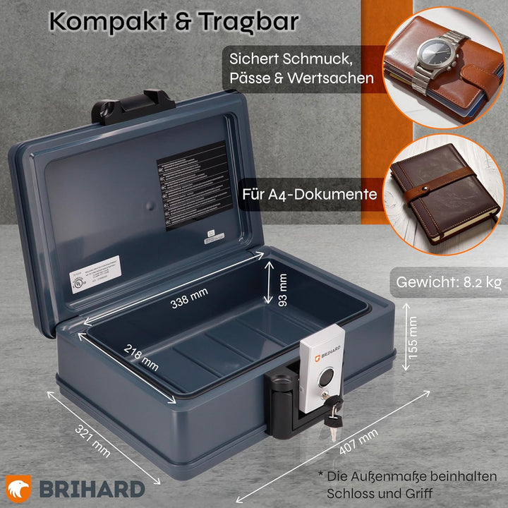 BRIHARD - Zertifizierte Feuerfeste Dokumentenbox 2017 A4, Safe Tresor Feuerfest Wasserdicht mit Schl
