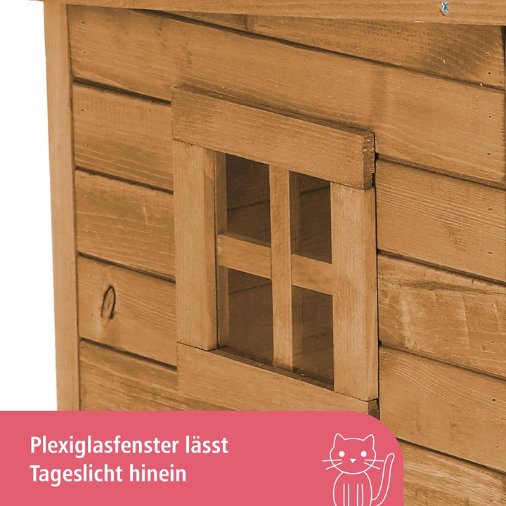 Kerbl Katzenhaus Rustica aus Holz, Schwingtüre mit Lamellen, Plexiglasfenster, Höhenverstellbare Kun