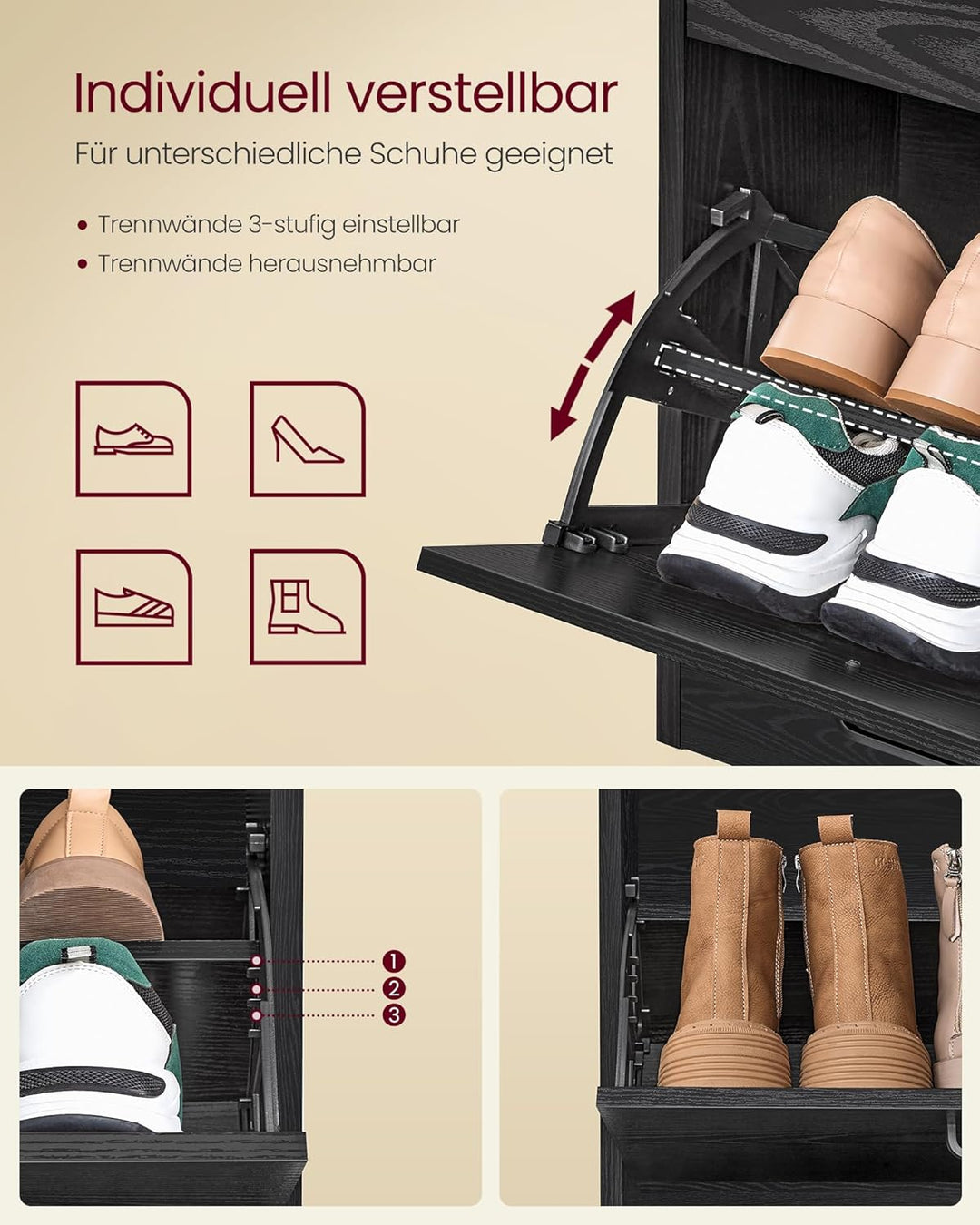 VASAGLE Schuhschrank 4 Klappen, Schuhkipper, Schuhregal, Schuhaufbewahrung, Trennwand verstellbar, f