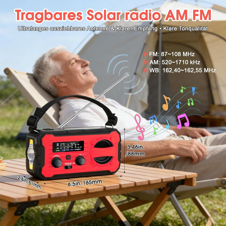 Kurbelradio, Tragbares Solarradio mit AM/FM, 8000mAh Powerbank, Notfallradio mit SOS-Alarm, LED-Tasc