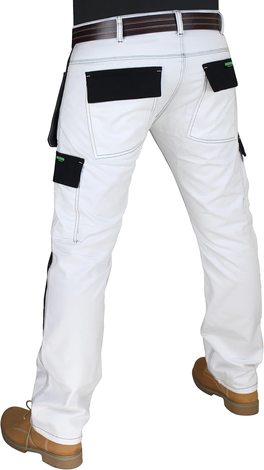 HASHOOB Herren Arbeitshose Maler Dekorateure Weisse Cargohose Pants Weiss-2 38W / 30L, Wei&#xDF;-2 3