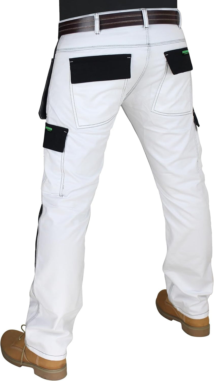 HASHOOB Herren Arbeitshose Maler Dekorateure Weisse Cargohose Pants Weiss-2 38W / 30L, Wei&#xDF;-2 3