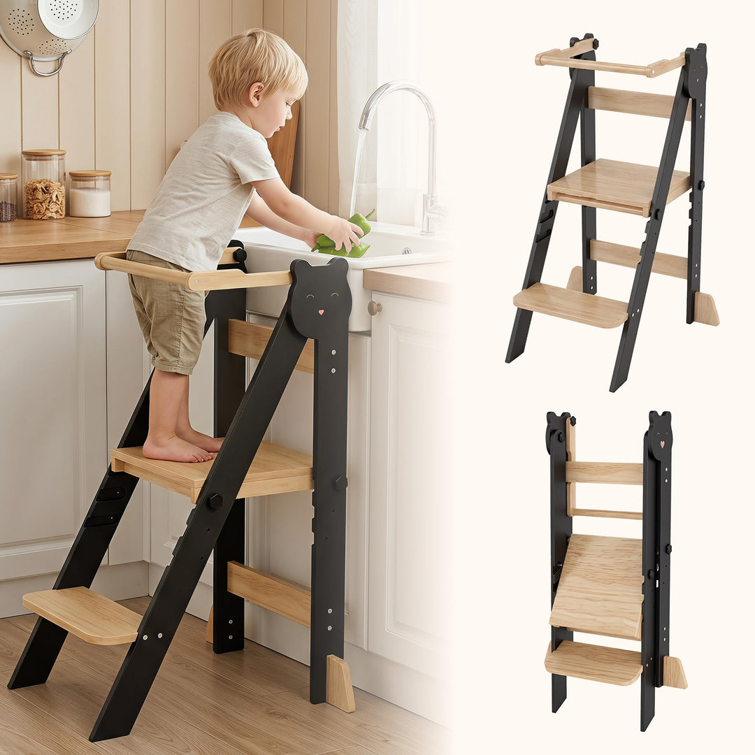 Lernturm Klappbar & 3-Fach Höhenverstellbar - Kippsicherer Learning Tower aus Kiefernholz - Mitwachs