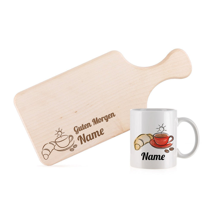 Herz & Heim® Frühstücksset bestehend aus graviertem Frühstücksbrett und Tasse mit Wunschnamen