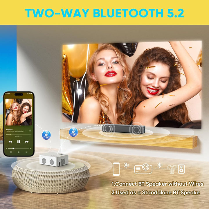 Smart Beamer mit Android OS, Mini Beamer WiFi6 Bluetooth5.2 Full HD 1080P Tragbarer Outdoor/Heimkino