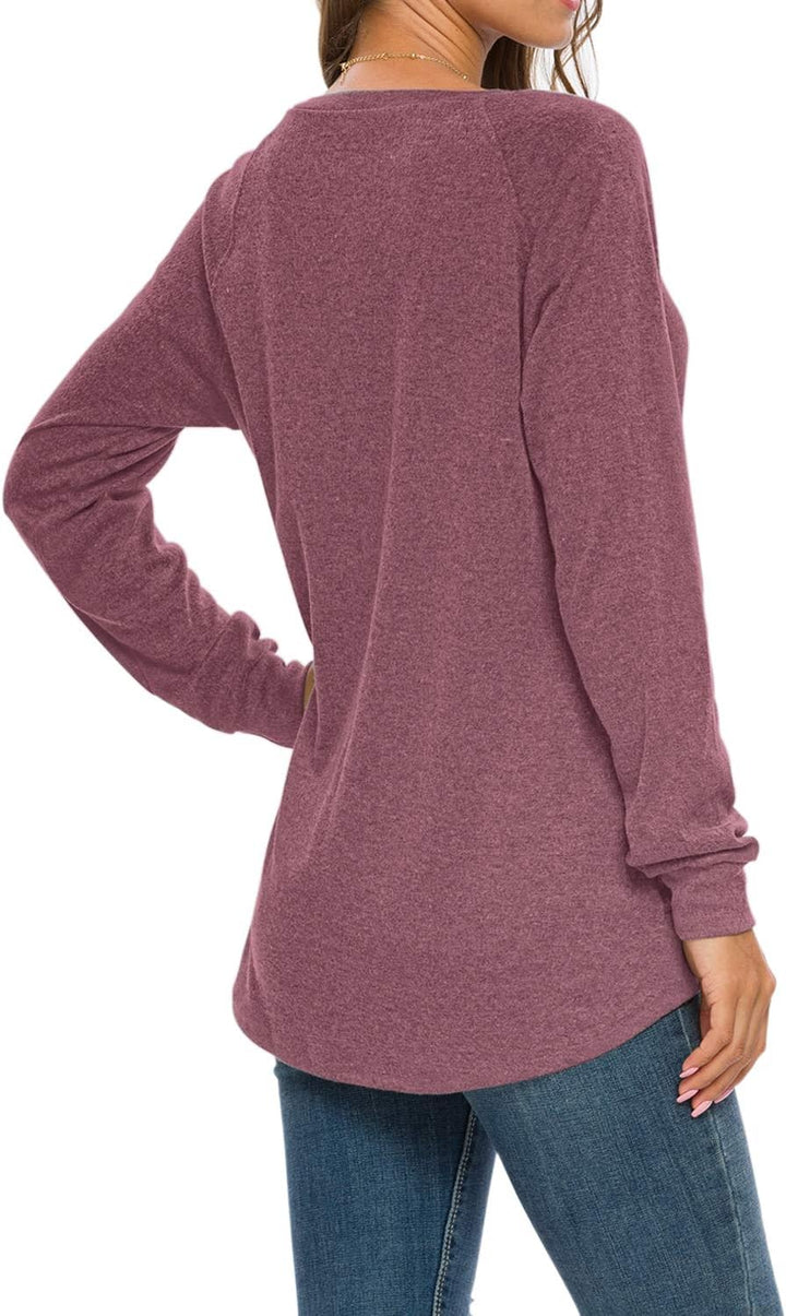 AUSELILY Damen Langarmshirts Rundhals T Shirts Blusen Tunika Sweatshirt Pullover Mit Taschen Weinrot