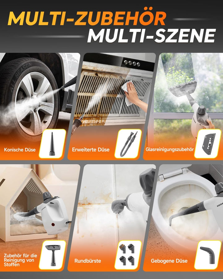 Dampfreiniger Handgerät,500 ml Steam Cleaner, 1050 Watt Hochdruckfunktion, mit 16 Zubehörteilen und