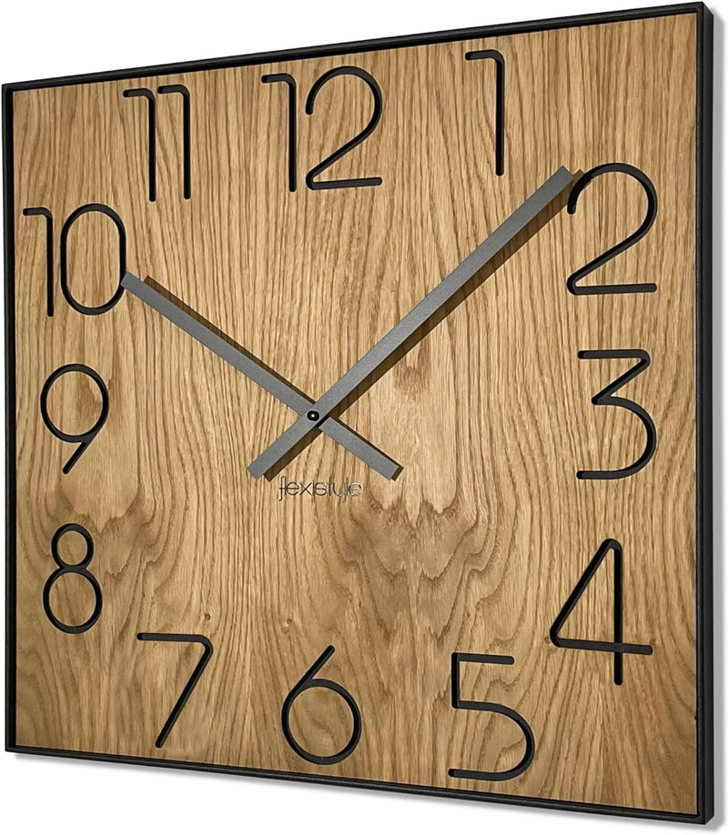 FLEXISTYLE Holzwanduhr Wood Square Holz Eiche 50cm Durchmesser holzoptik ohne tickgeräusche