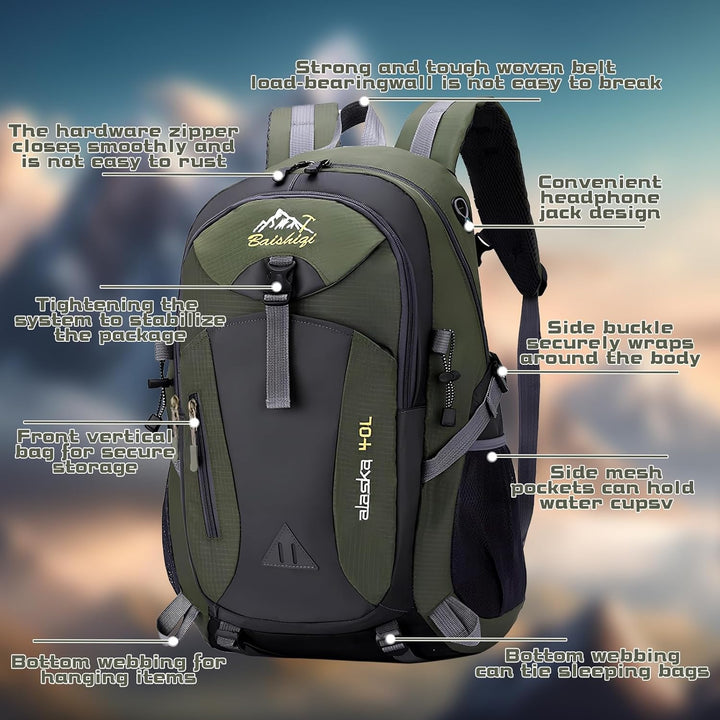Wanderrucksack Herren Damen, Reiserucksack Gross 40L Wasserdichter Rucksack Leicht Backpack Travel T