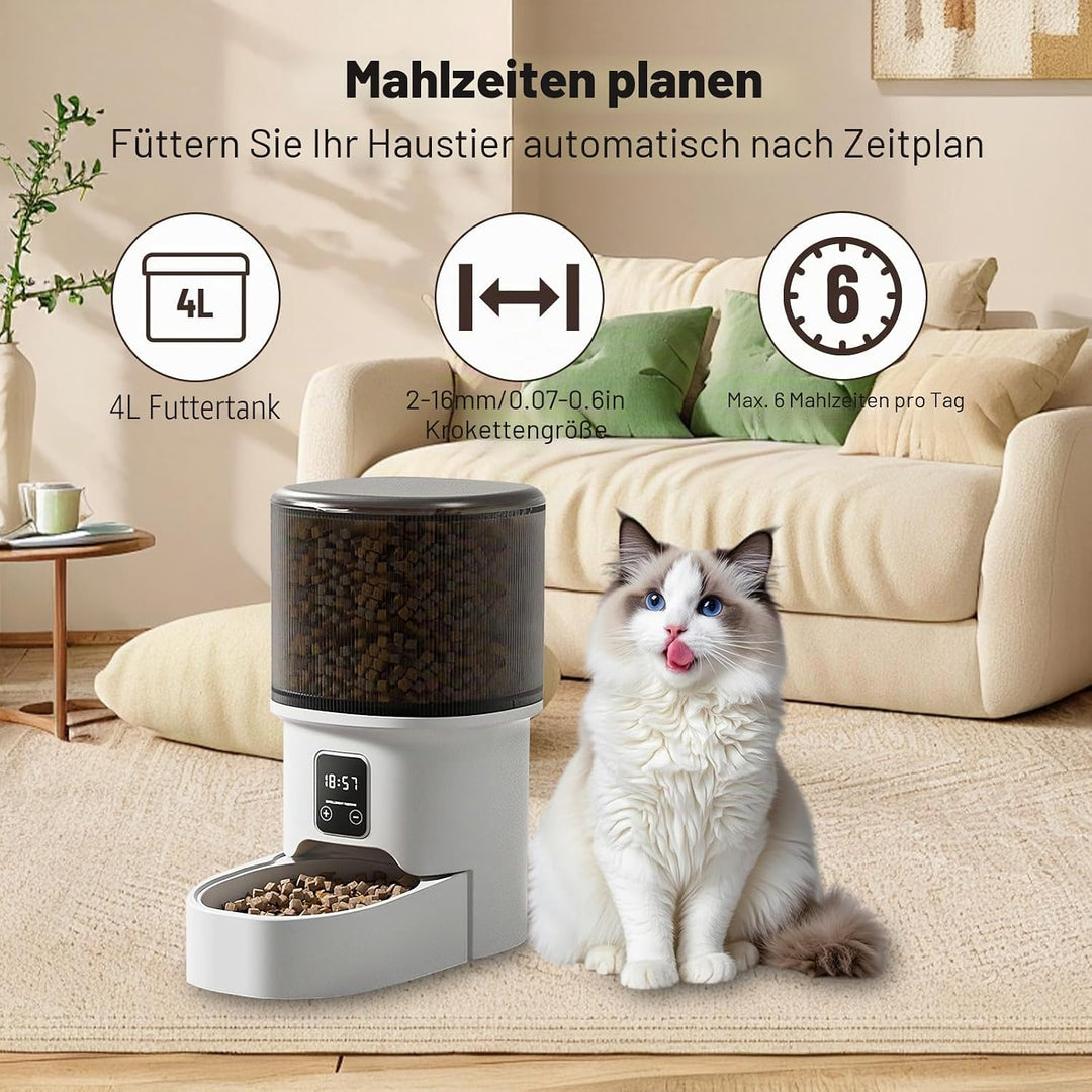 4L Trockenfutterautomat Katze &amp; Hund, Zeitgesteuerter Futterspender mit Portionskontrolle 1-6 Mahlze