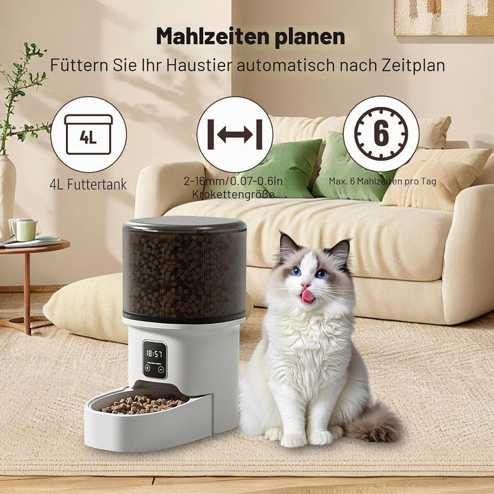 4L Trockenfutterautomat Katze &amp; Hund, Zeitgesteuerter Futterspender mit Portionskontrolle 1-6 Mahlze