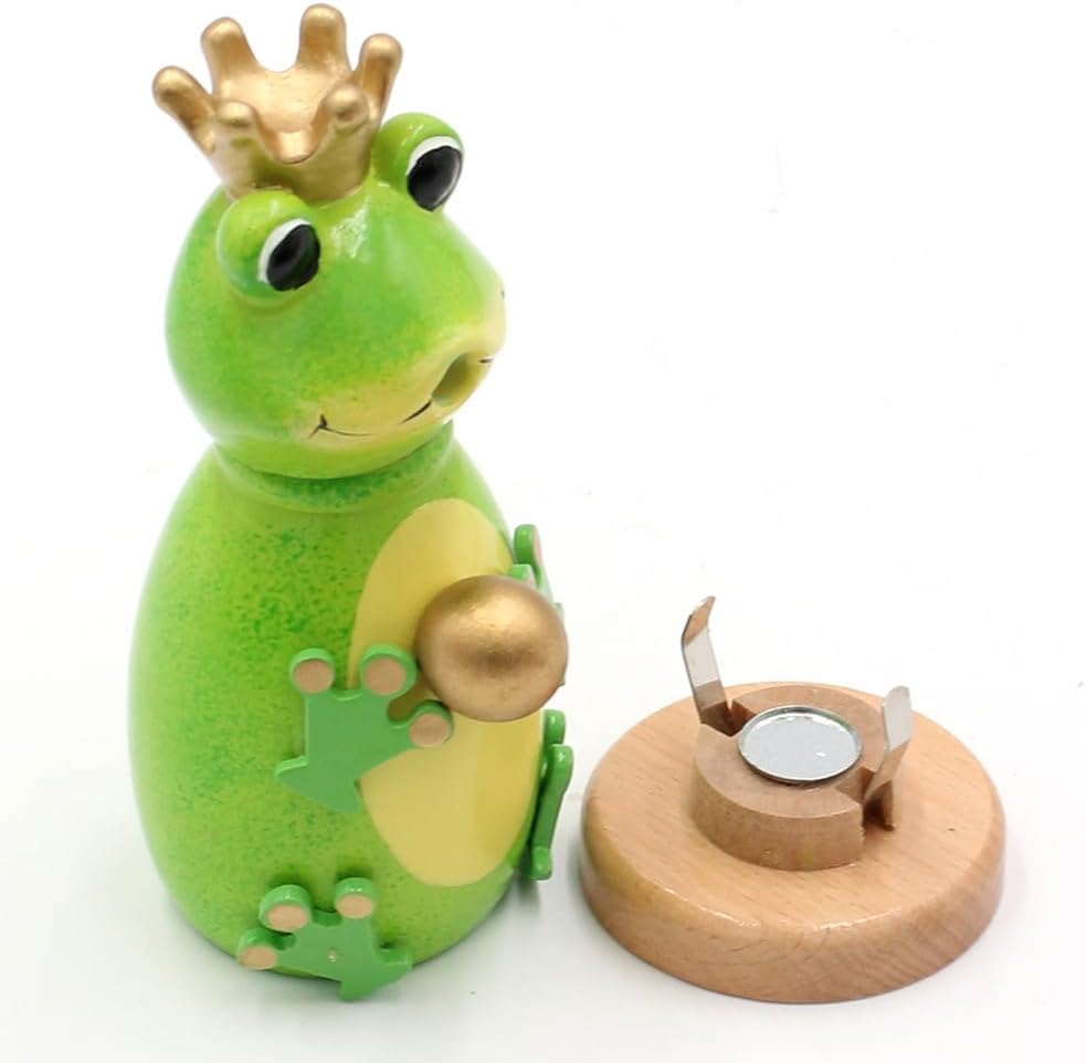 Holz Räuchermann, Räucherfigur, Räuchermännchen als Froschkönig mit Krone und Goldener Kugel in grün