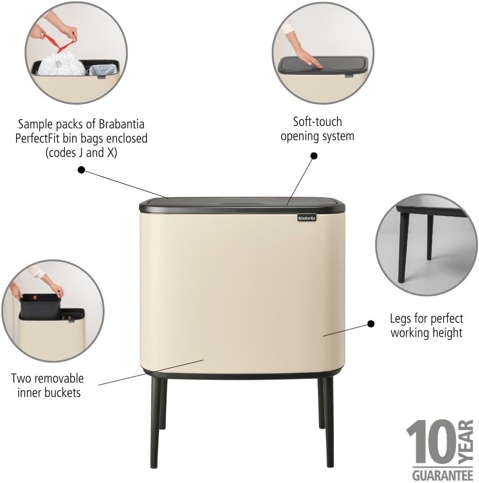 Brabantia - Bo Touch Bin 23+11L - Grosser Mülleimer für die Küche - Soft-Touch-Öffnung - Doppelter M