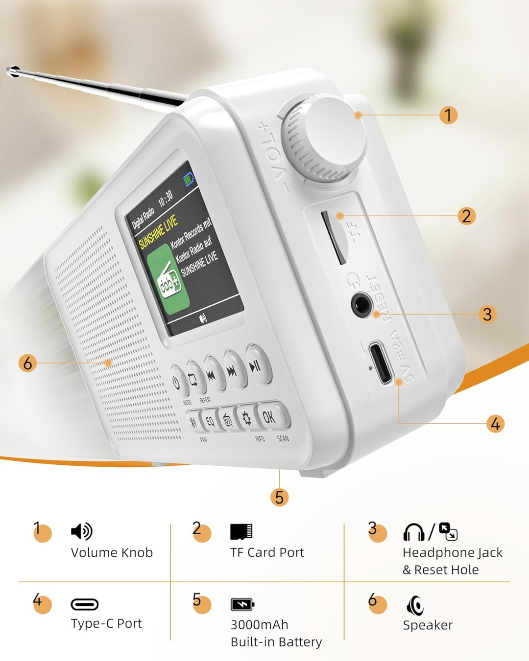 Tragbares DAB Radio, UKW-Digitalradio mit 2,4" Farbdisplay & Bluetooth & EQ Modi, Küchenradio mit Ka