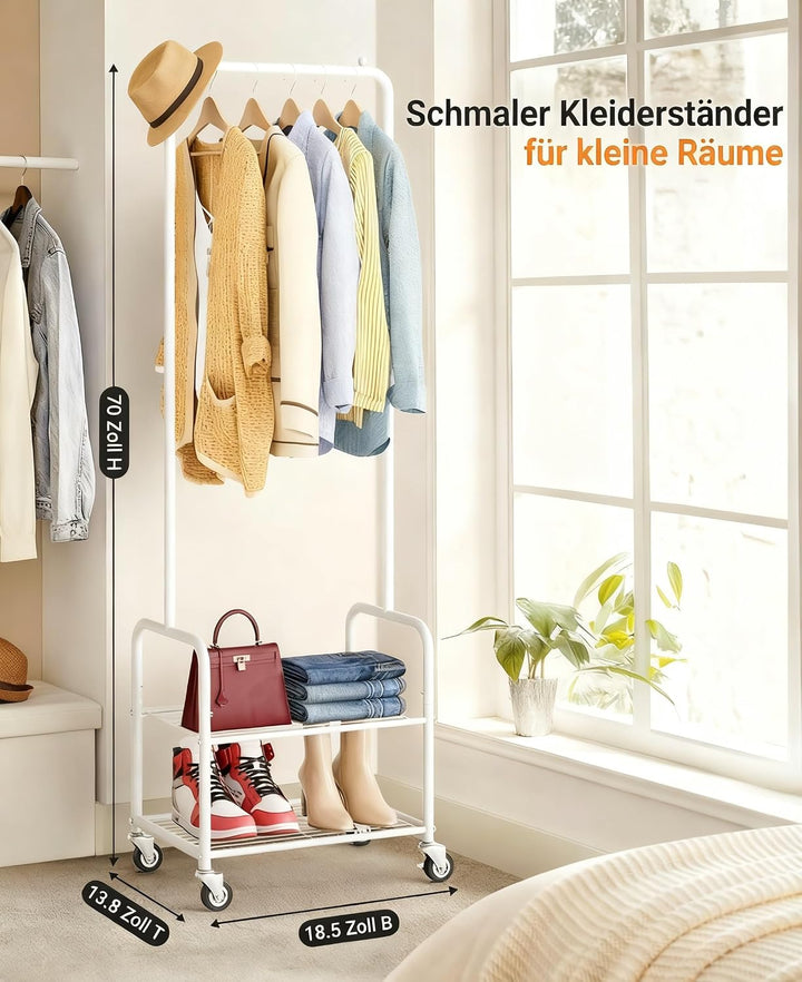 MISSLO Klein Kleiderstange mit Aufbewahrungsgitter, Stabil Kleiderständer auf Rollen, Schmal Metall
