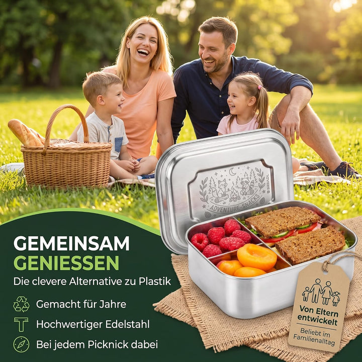 Edelstahl Brotdose, Feste Trennwand und 3 Fächer, Plastikfrei, Rostfrei, Spülmaschinengeeignet, Klei