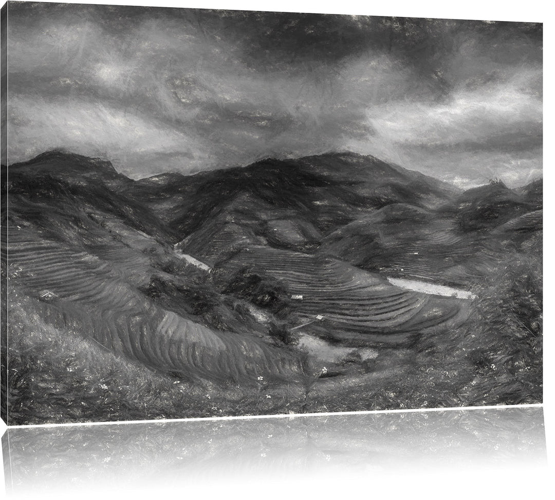 Pixxprint eine Berg Farm in Asien Kunst Kohle Effekt, Format: 100x70 auf Leinwand, XXL riesige Bilde