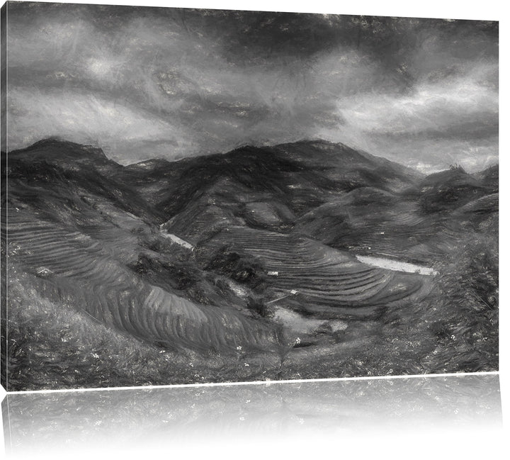 Pixxprint eine Berg Farm in Asien Kunst Kohle Effekt, Format: 100x70 auf Leinwand, XXL riesige Bilde