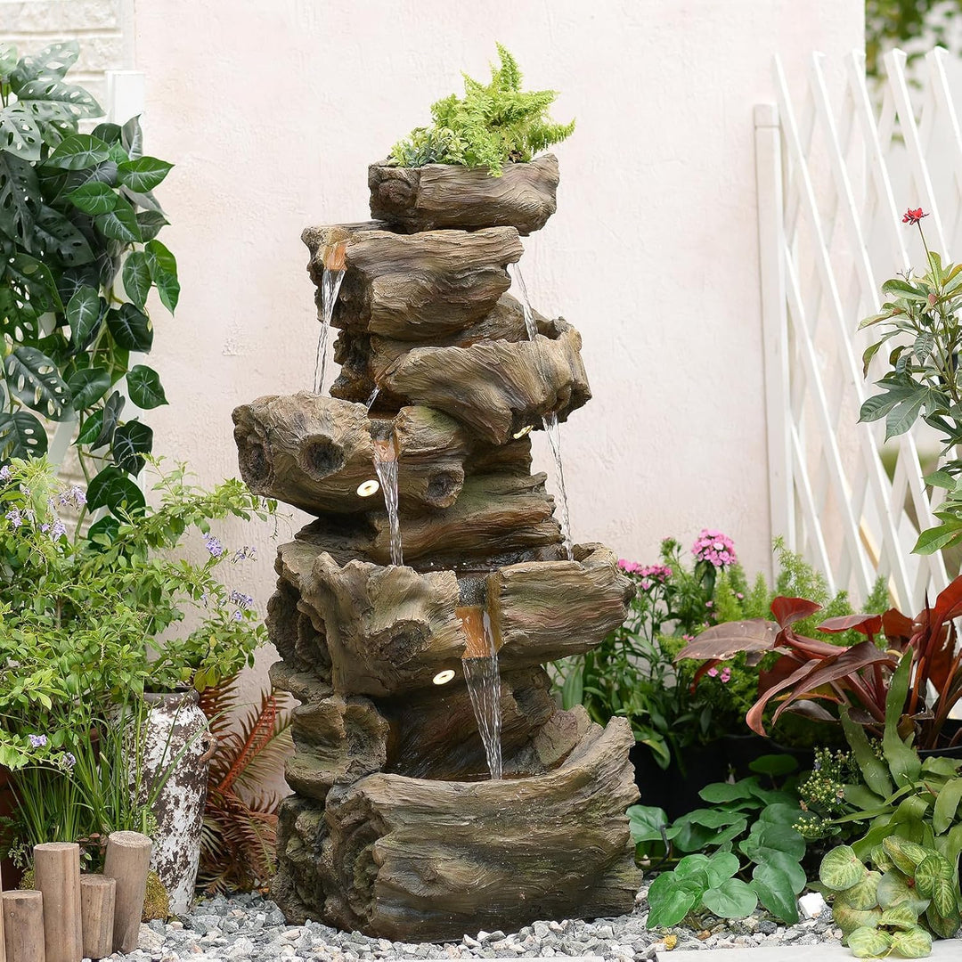 Sunlinua 103 cm H 4-stufiger Gartenbrunnen im Felsen-Look mit LED, Wasserfall und Springbrunnen für