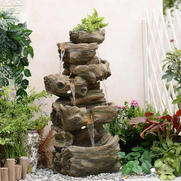 Sunlinua 103 cm H 4-stufiger Gartenbrunnen im Felsen-Look mit LED, Wasserfall und Springbrunnen für